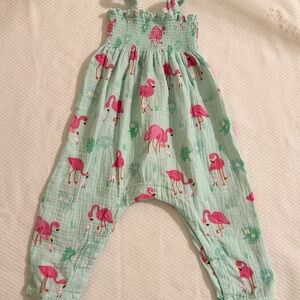 Angel Dear Mint Green Romper with Pink Flamingo Accents